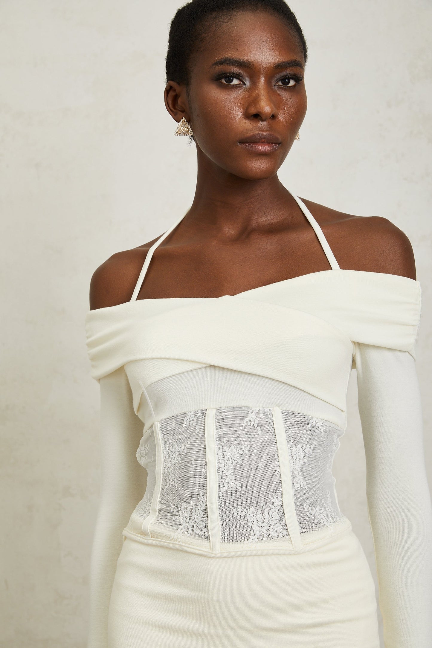 Coralie White Lace Panel Knit Blouse Skirt Set