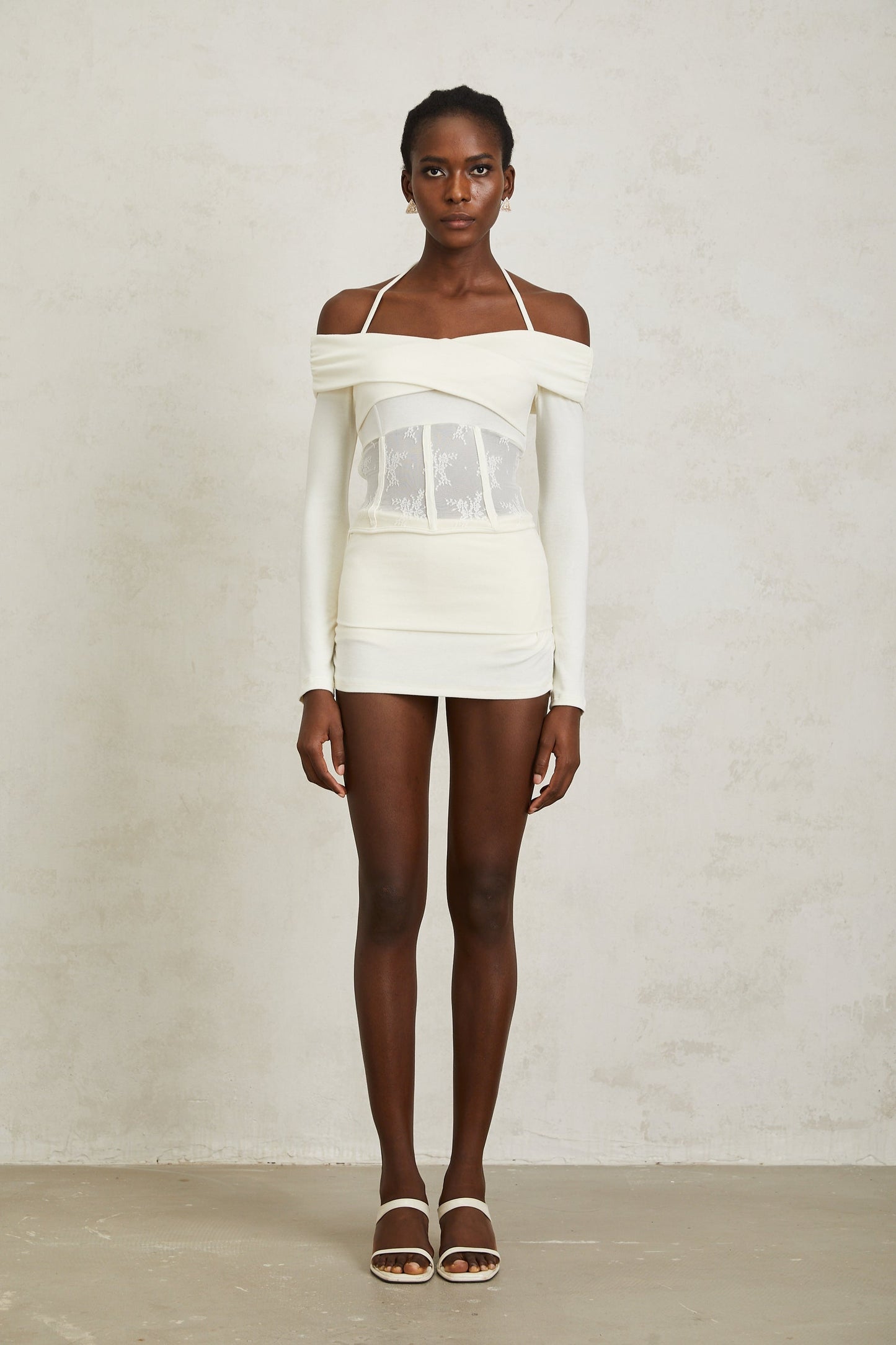 Coralie White Lace Panel Knit Blouse Skirt Set