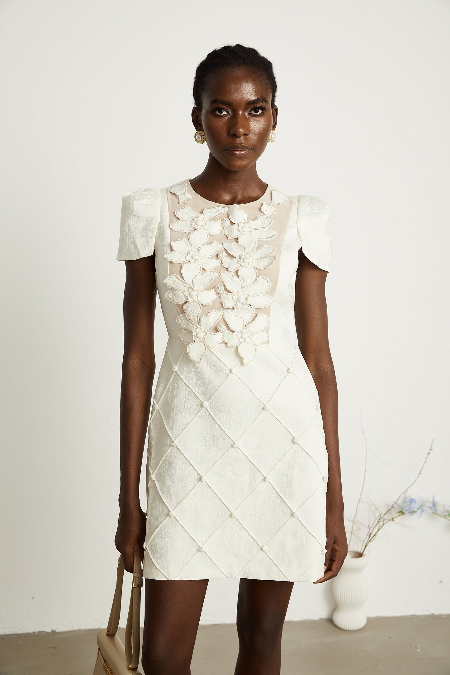 Coralie white petaldetail buttoned mini dress