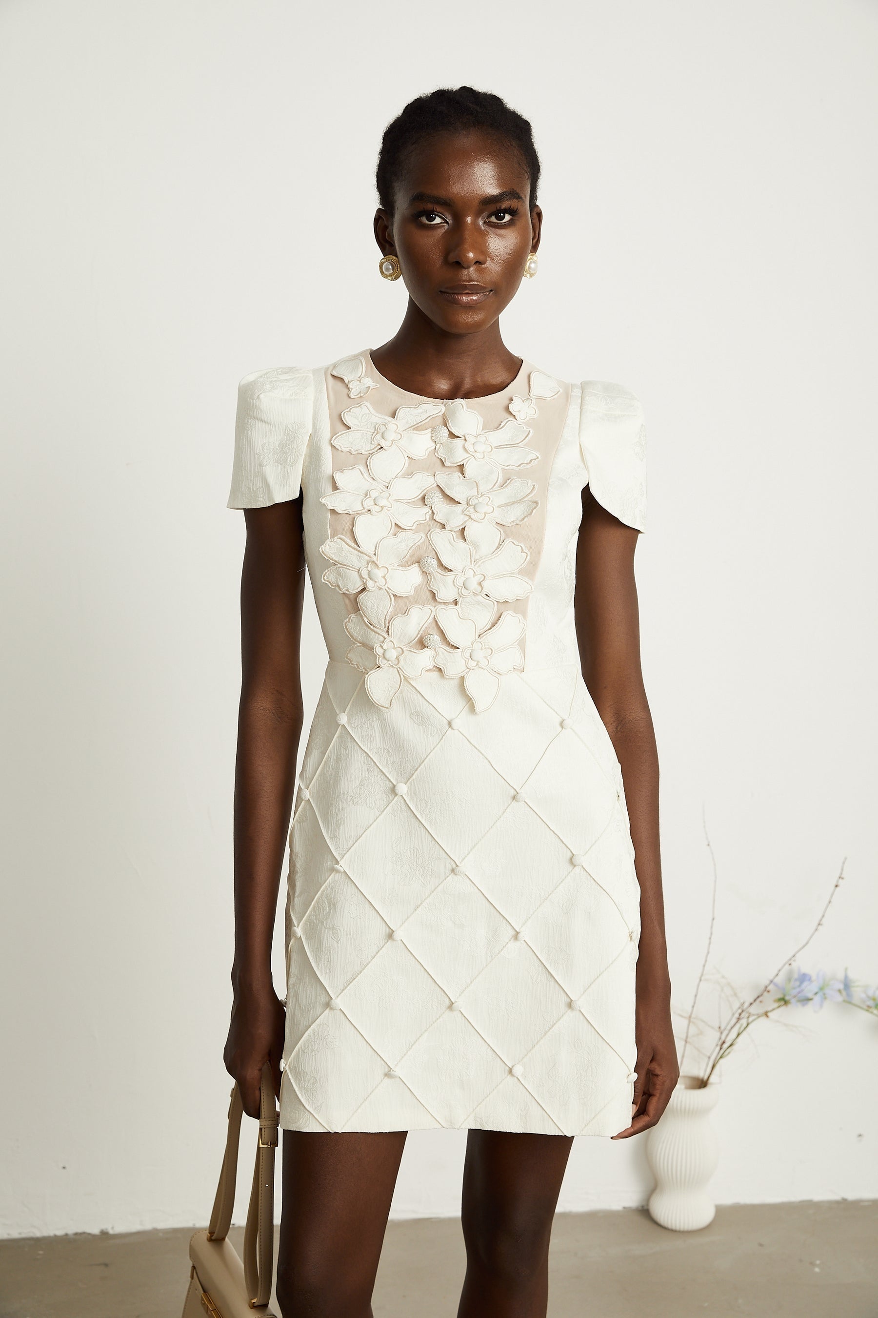 Coralie white petaldetail buttoned mini dress