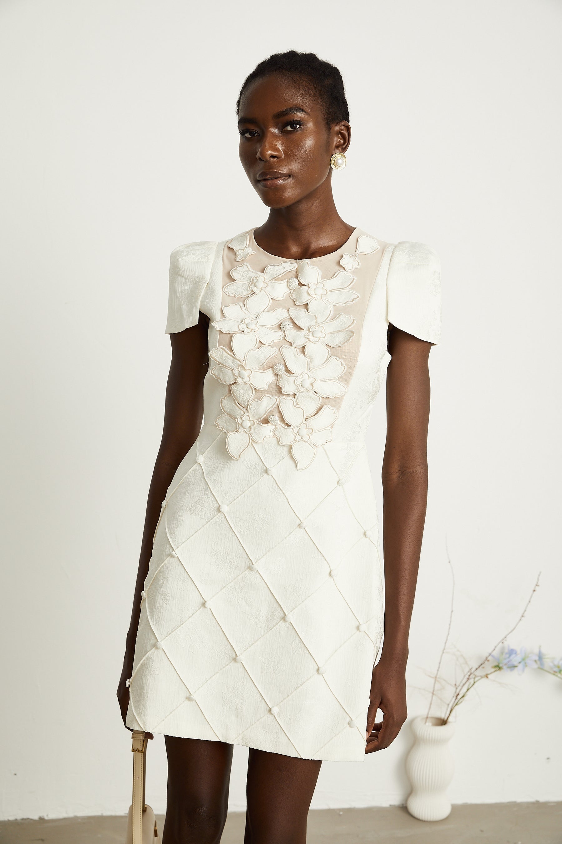 Coralie white petaldetail buttoned mini dress