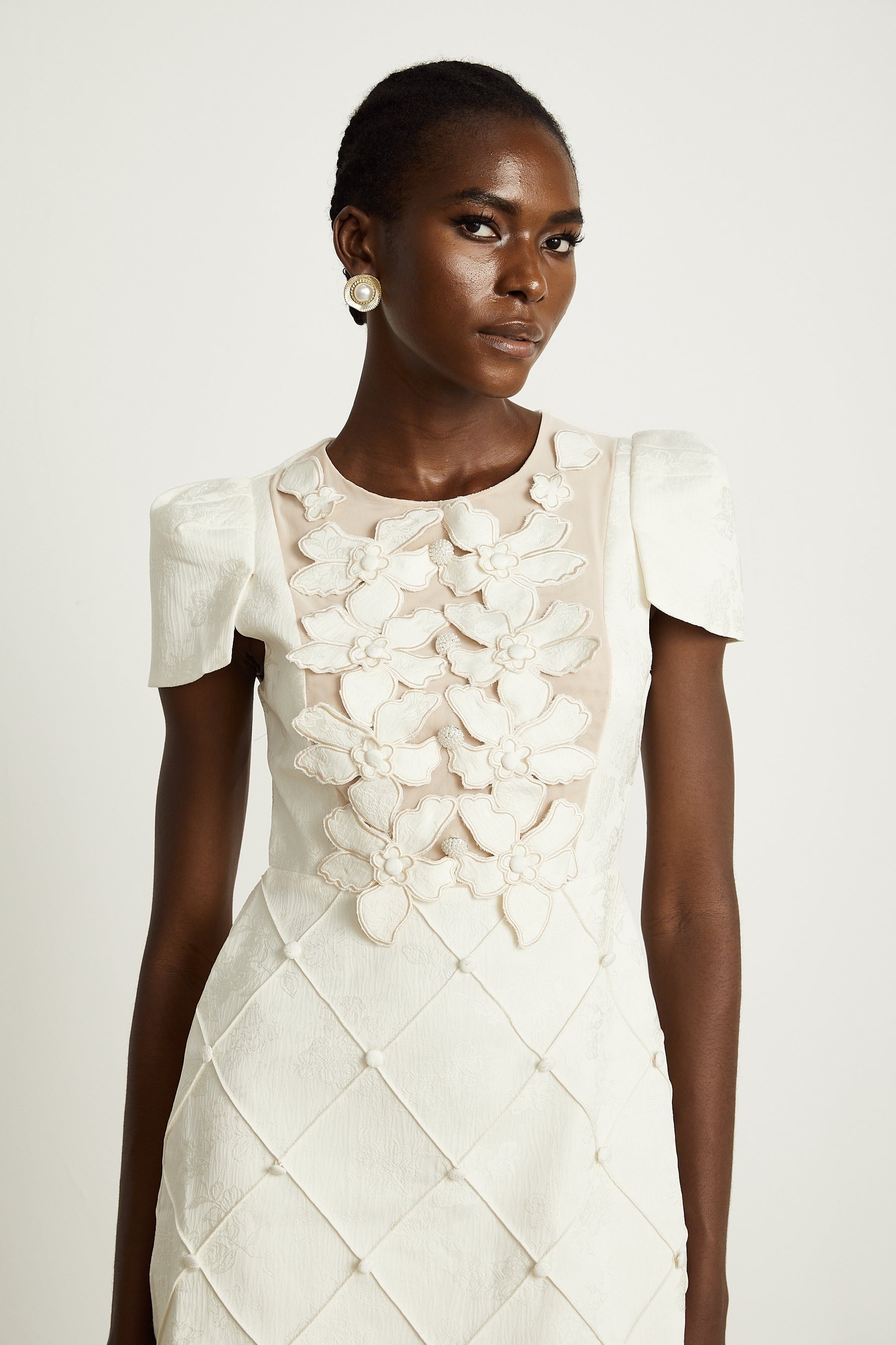 Coralie white petaldetail buttoned mini dress