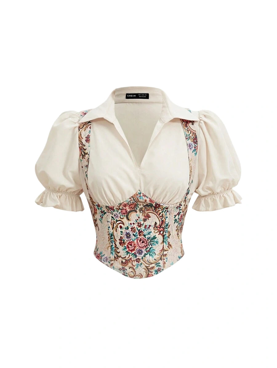 Court Inspired Print Patchwork 2 In 1 Puff Sleeve crop Top