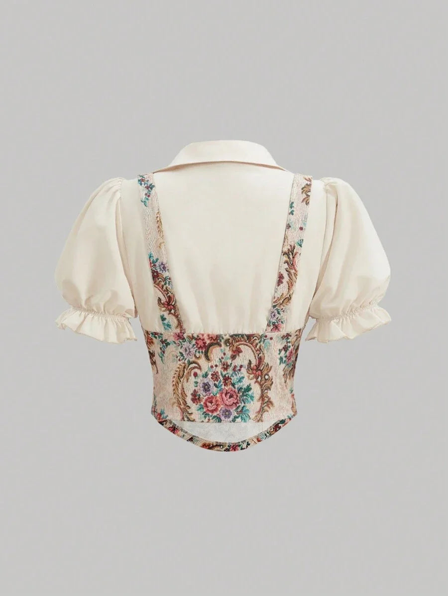 Court Inspired Print Patchwork 2 In 1 Puff Sleeve crop Top