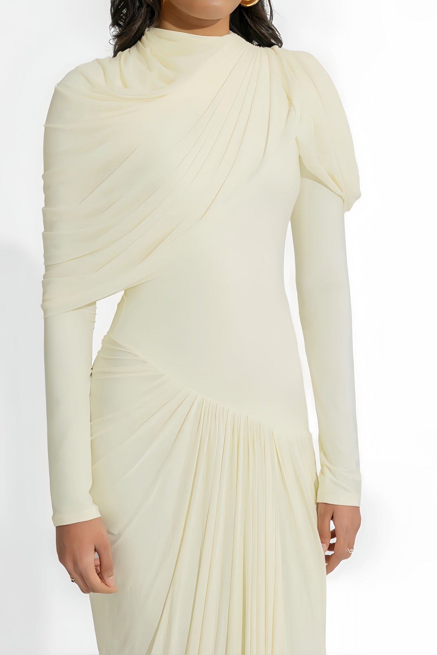 Cream and White Draped Pleated Asymmetrical Floor Length Dress