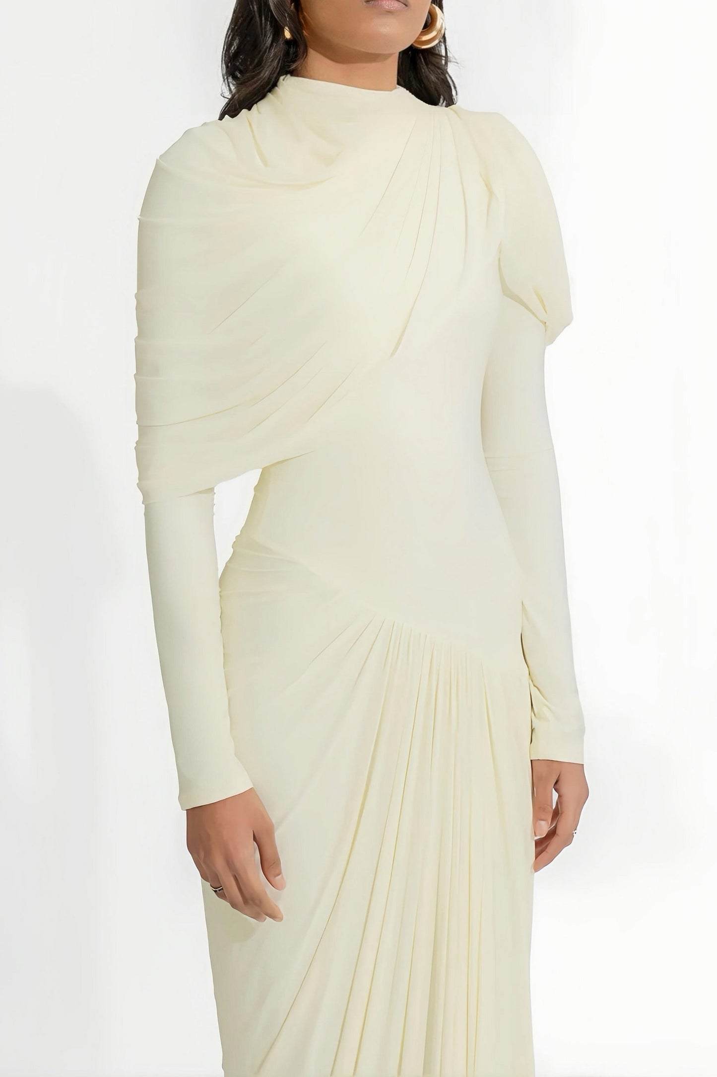 Cream and White Long Sleeve Asymmetrical Dress with Draped and Pleated Detailing