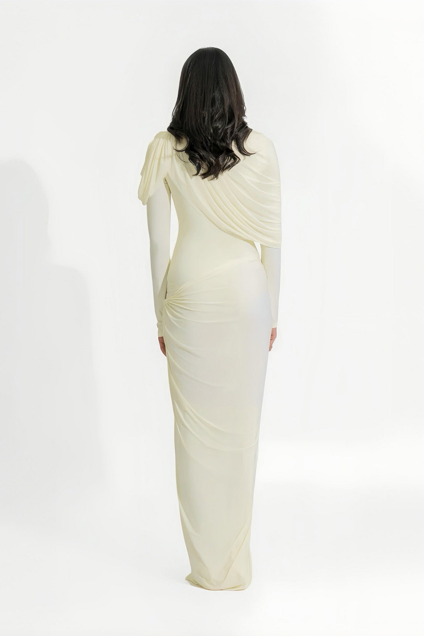 Cream and White Long Sleeve Draped Pleated Asymmetrical Dress