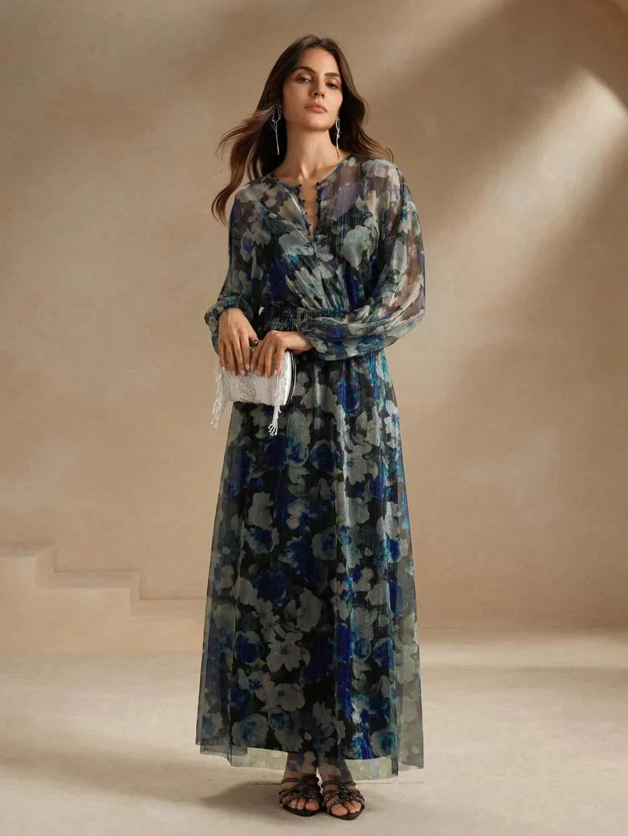 Crew Neck Long Sleeve Ditsy Floral Vacation Dress