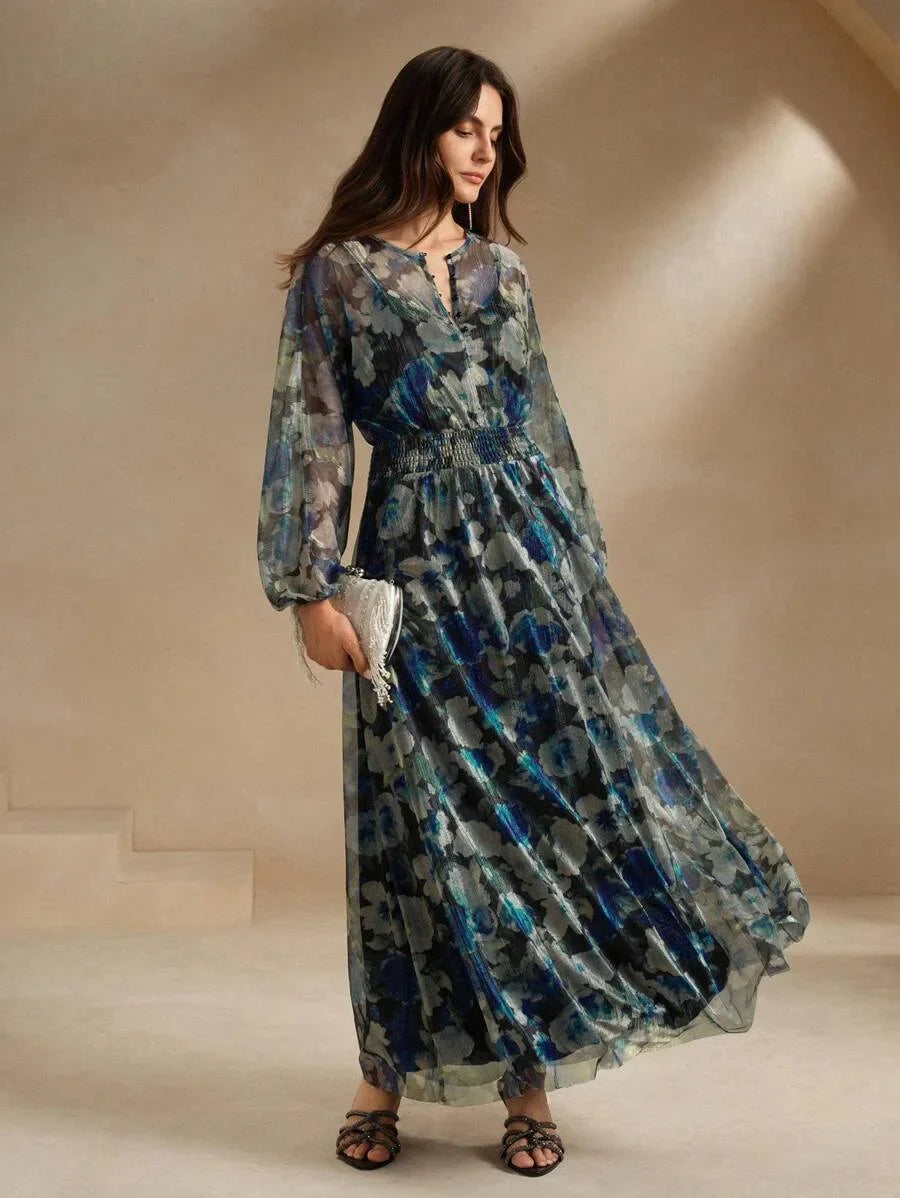Crew Neck Long Sleeve Ditsy Floral Vacation Dress