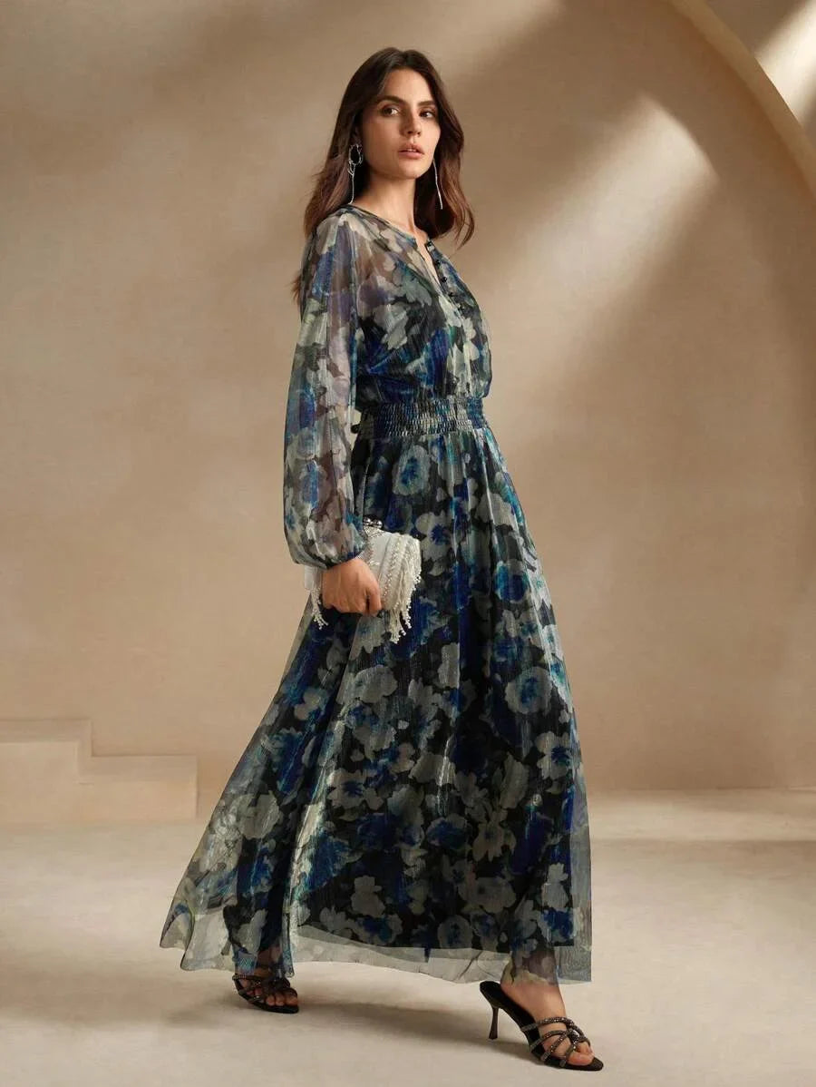 Crew Neck Long Sleeve Ditsy Floral Vacation Dress