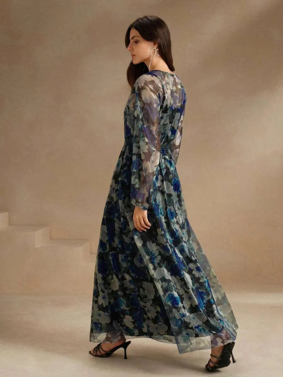 Crew Neck Long Sleeve Ditsy Floral Vacation Dress