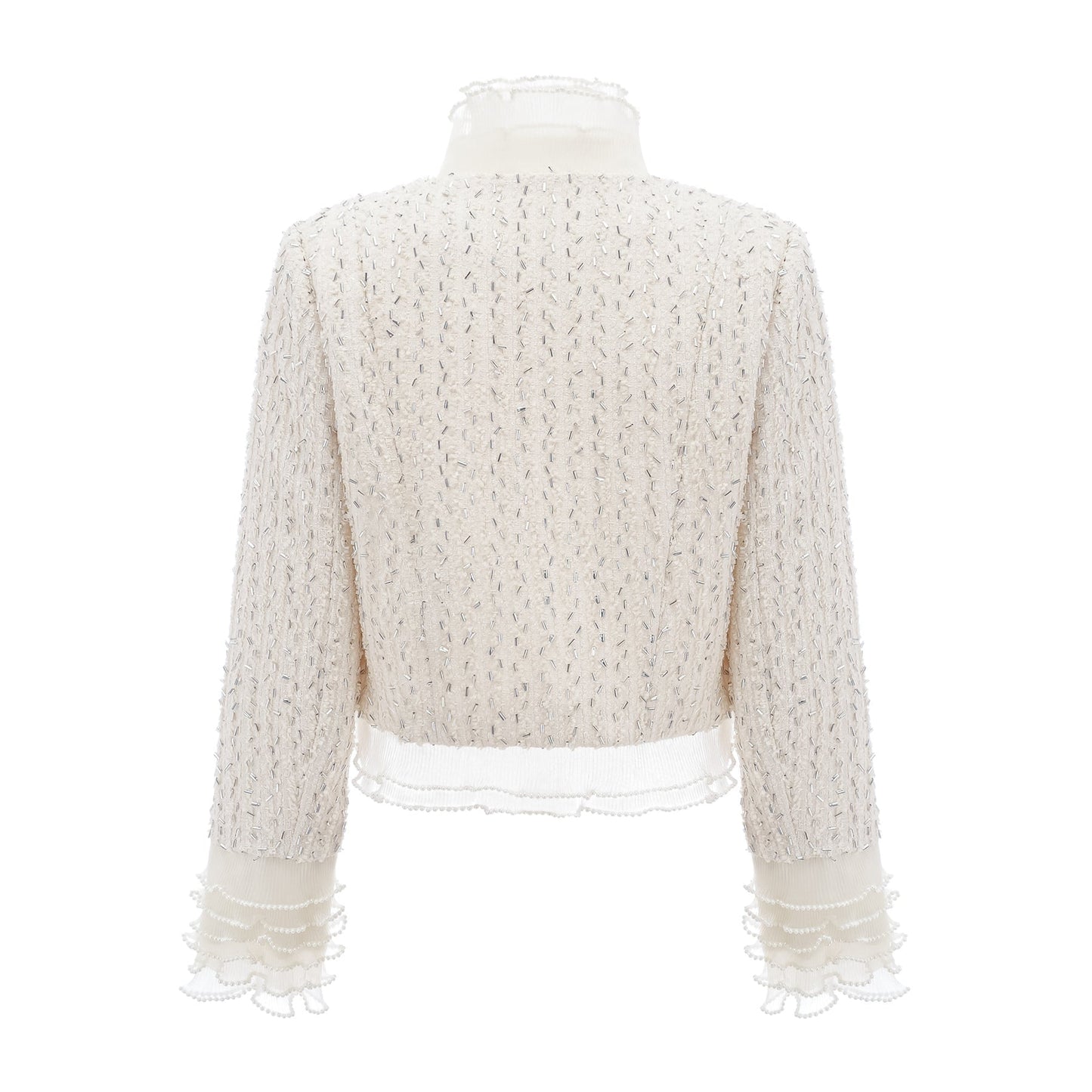 Cropped white jacket with beaded detailing and ruffle trim