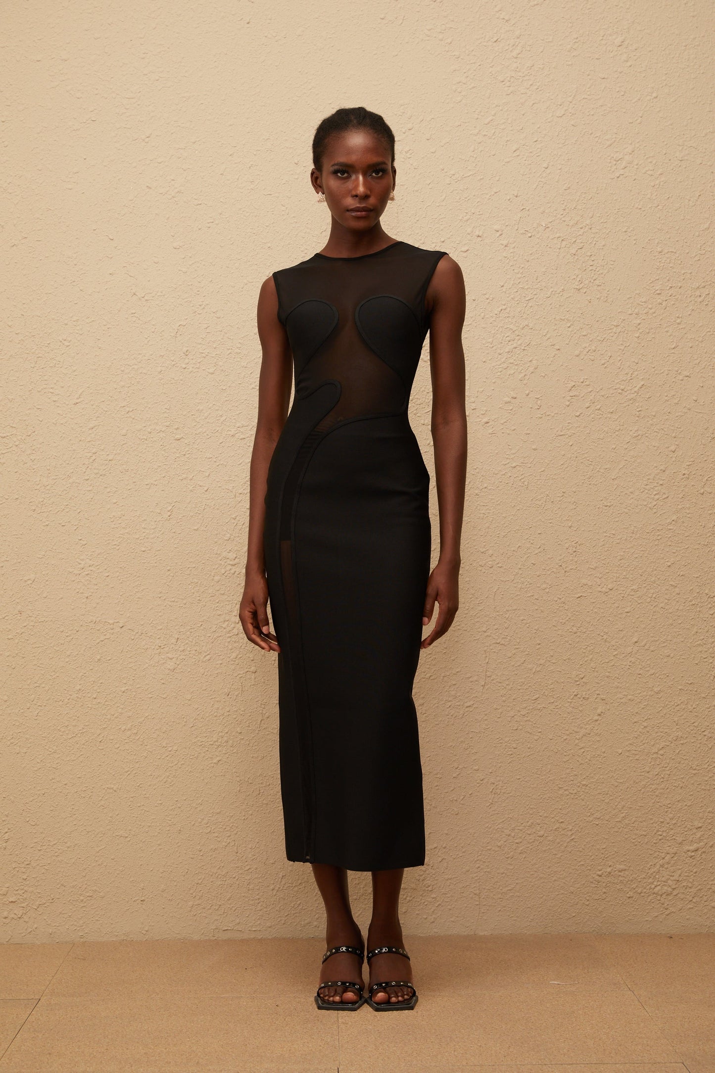 Cyrielle Black Mesh Panel Knit Maxi Dress