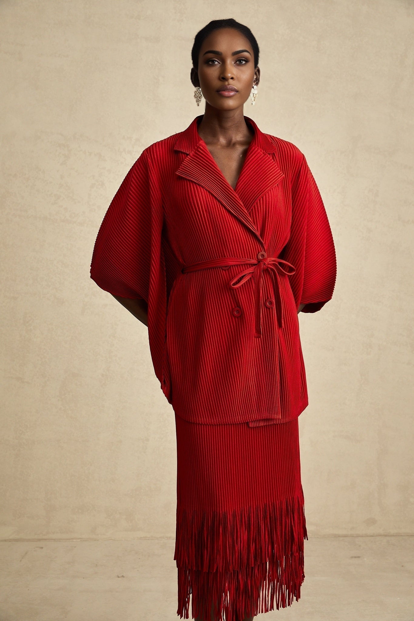 Cyrielle red pleated jacket skirt matching set