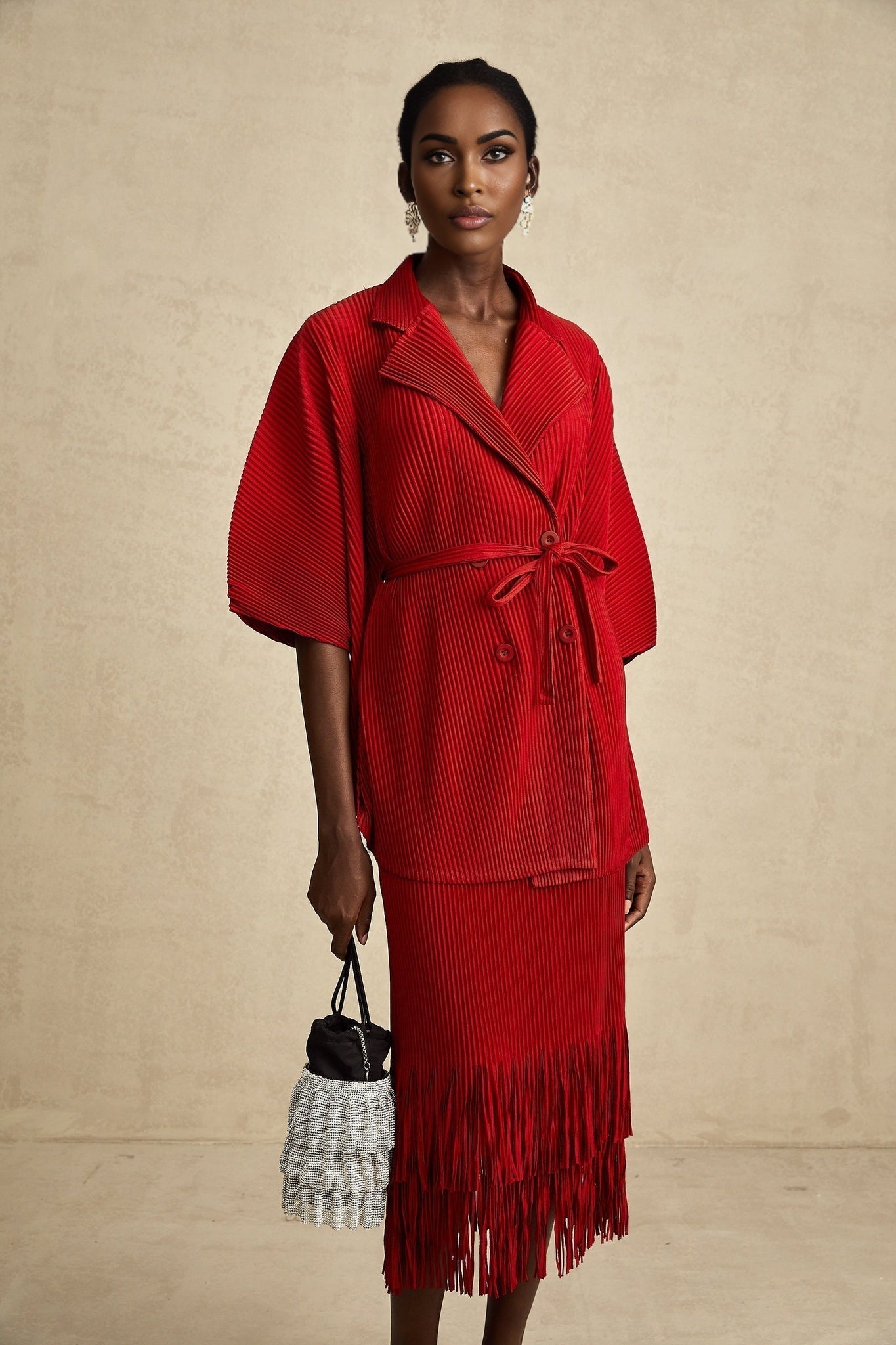 Cyrielle red pleated jacket skirt matching set