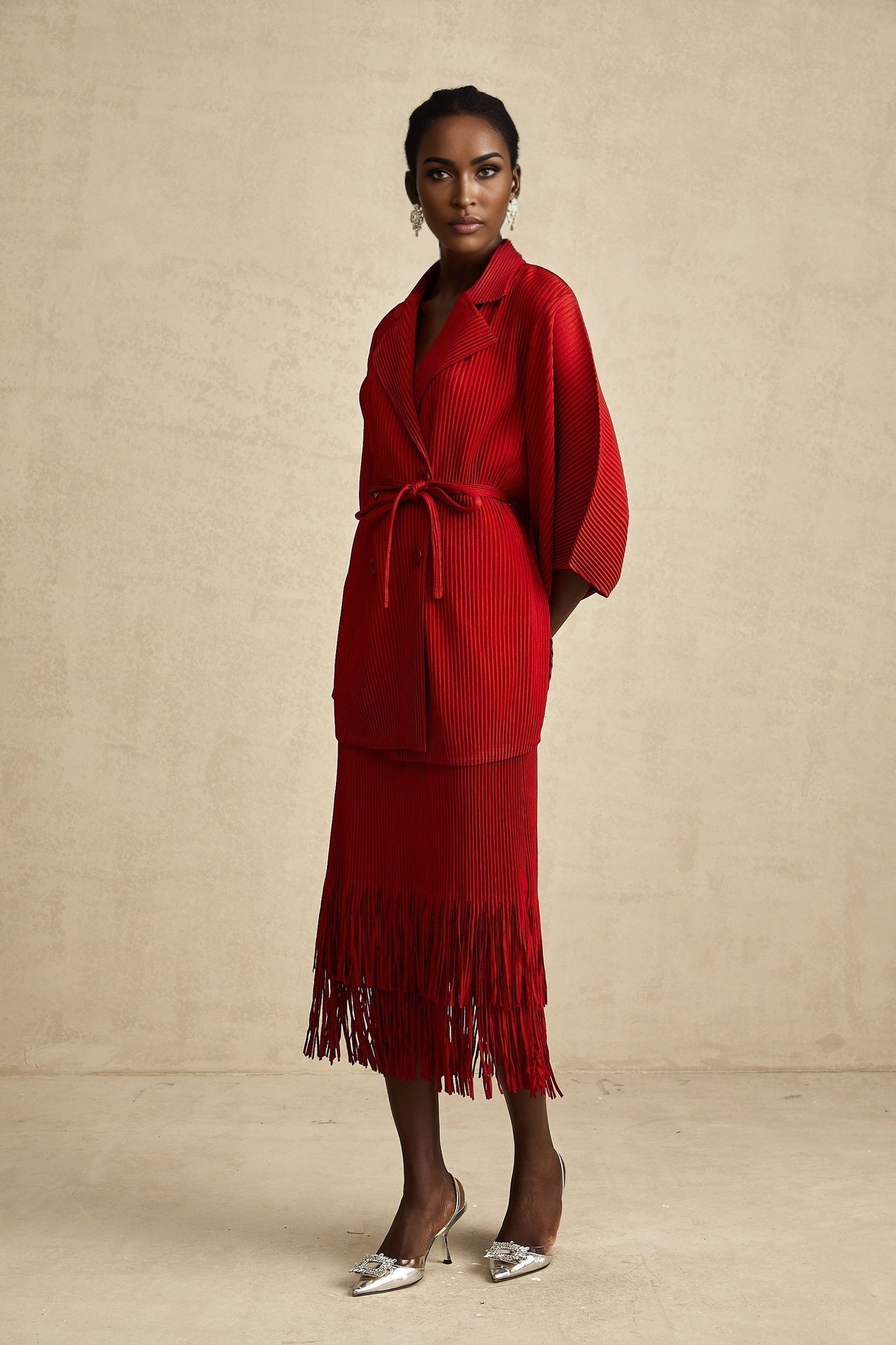 Cyrielle red pleated jacket skirt matching set