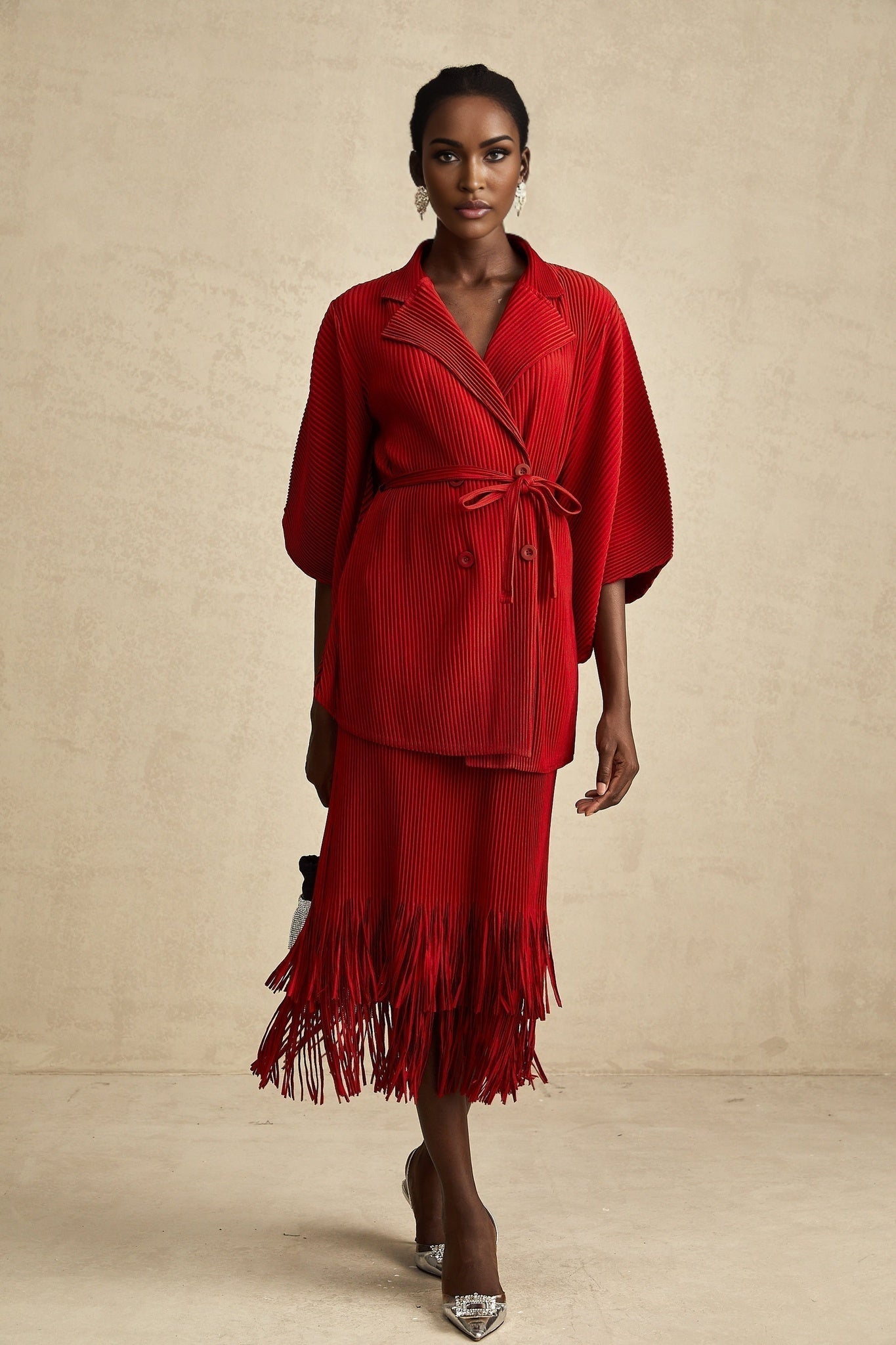 Cyrielle red pleated jacket skirt matching set