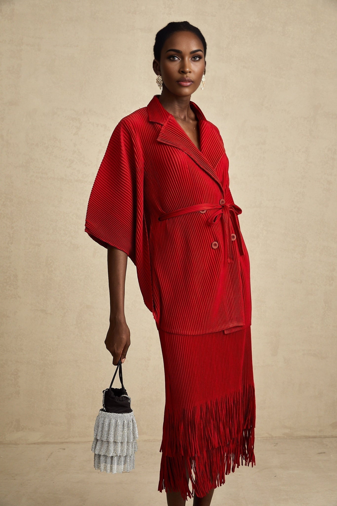 Cyrielle red pleated jacket skirt matching set