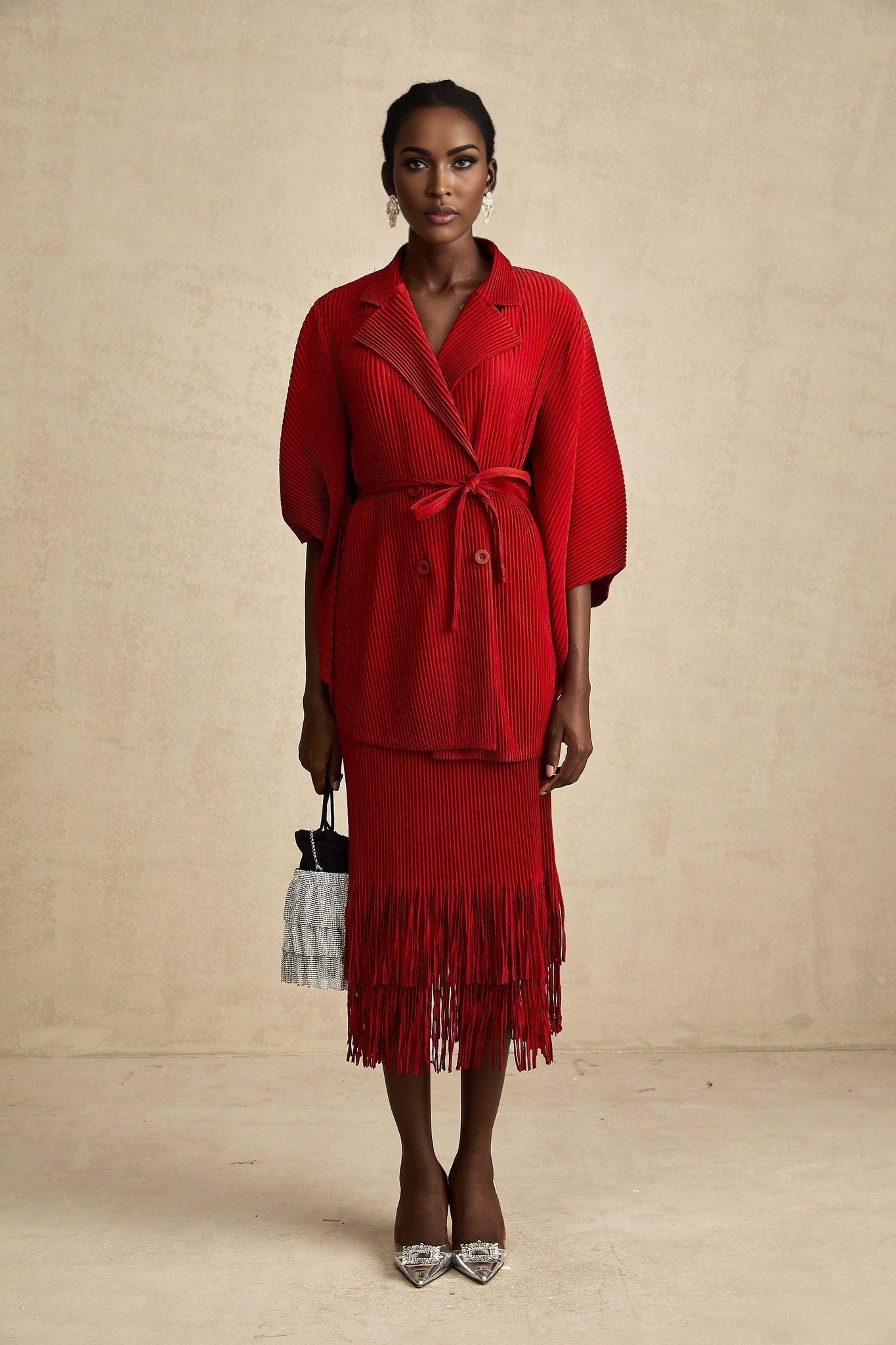 Cyrielle red pleated jacket skirt matching set