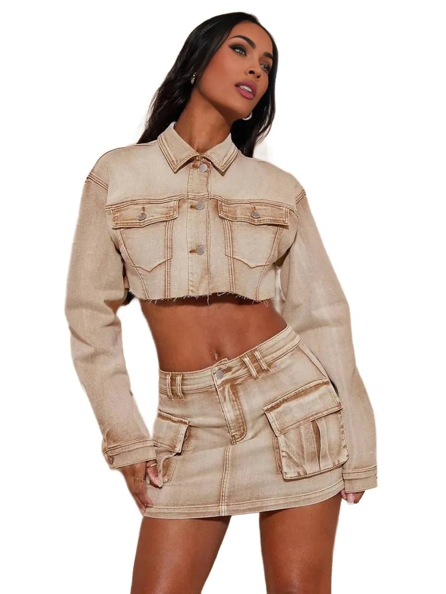 Daniela Cropped Denim Jacket with Pockets in Khaki - XS