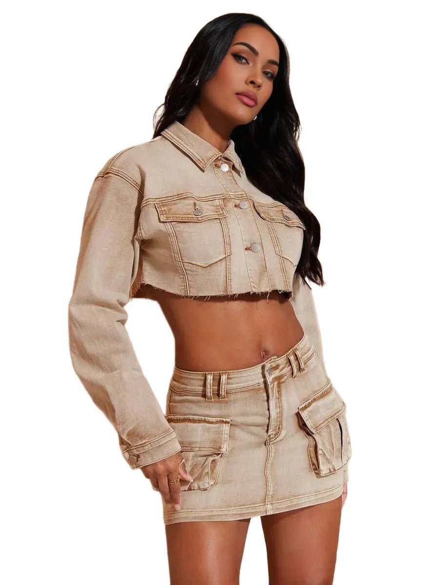 Daniela Cropped Denim Jacket with Pockets in Khaki - XS