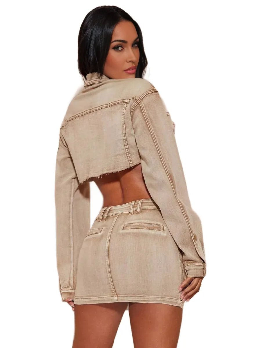 Daniela Cropped Denim Jacket with Pockets in Khaki - XS