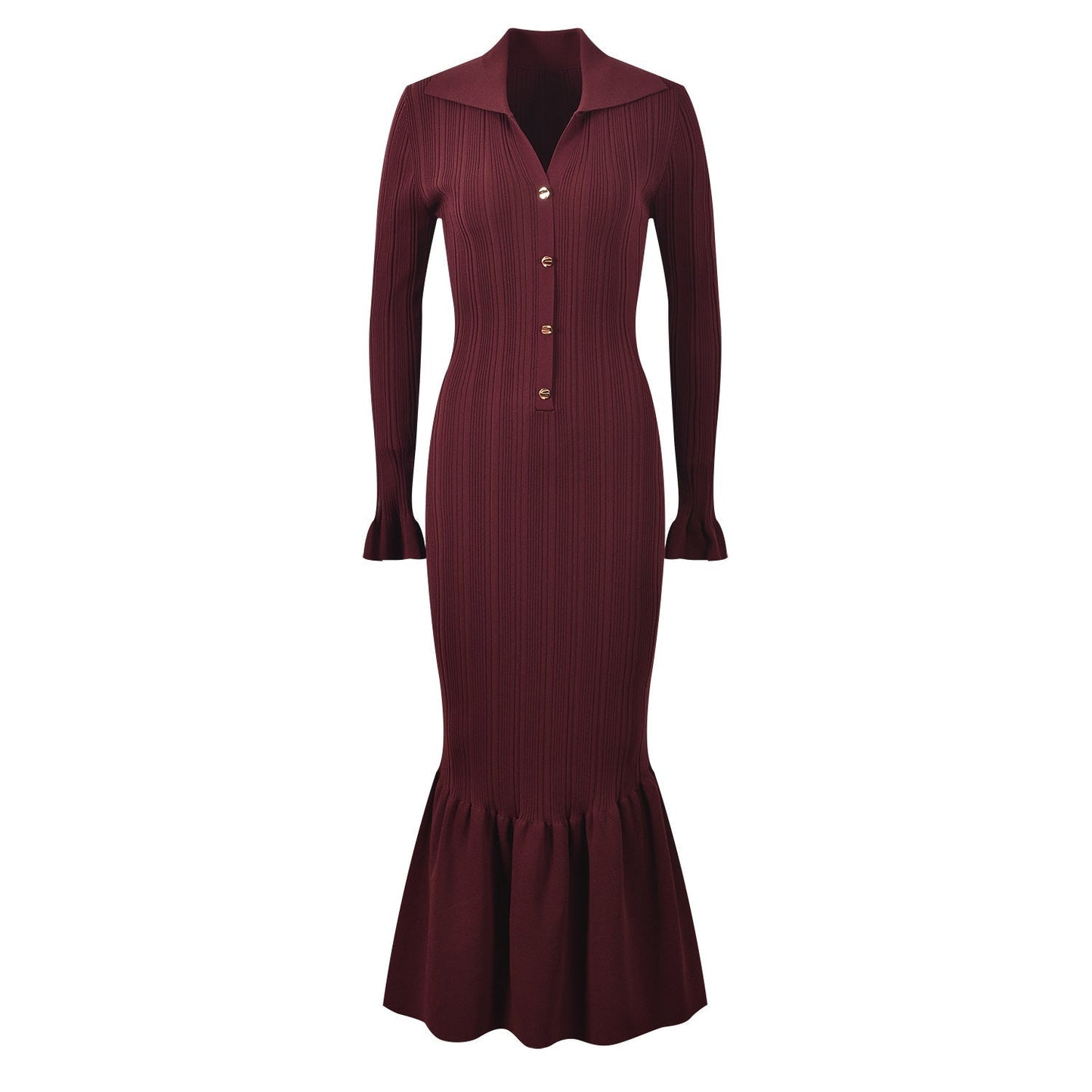 Deep burgundy fitted knit sweater with button details and flared sleeves