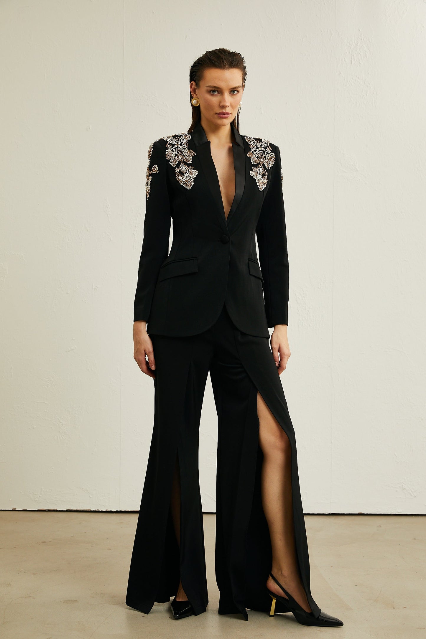 Delphine black embellished jacket trousers matching set