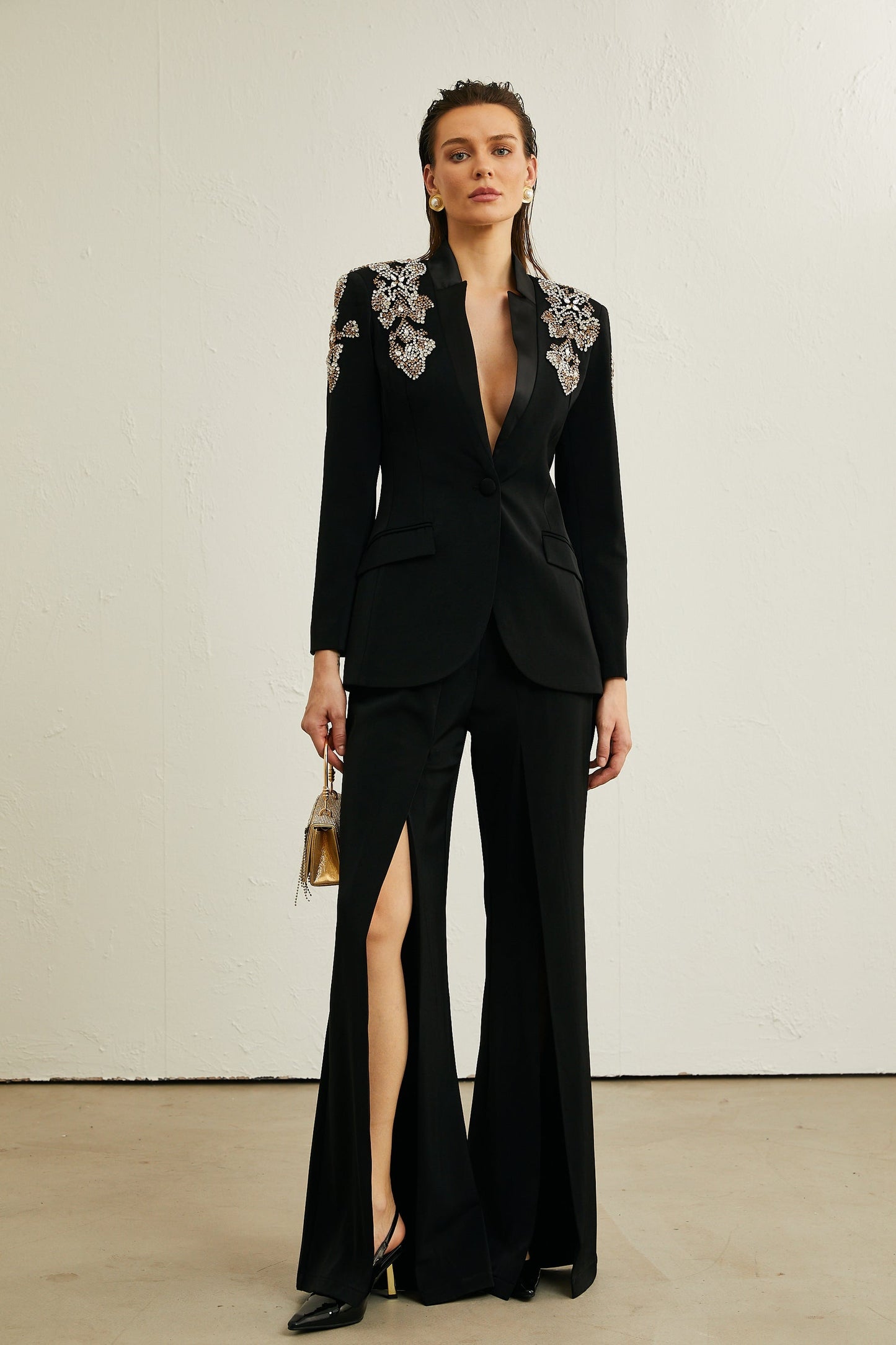 Delphine black embellished jacket trousers matching set