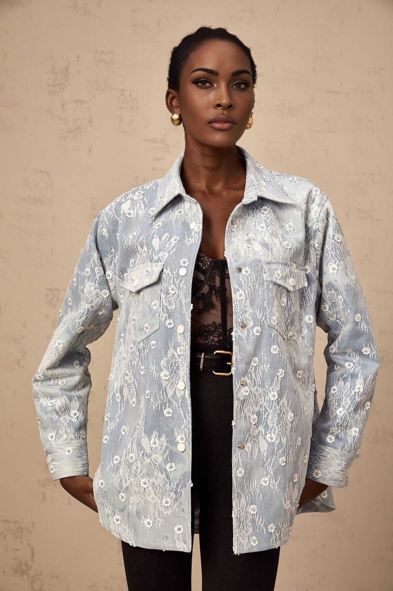 Denim jacket with blue sequins and floral applique details named Blanche