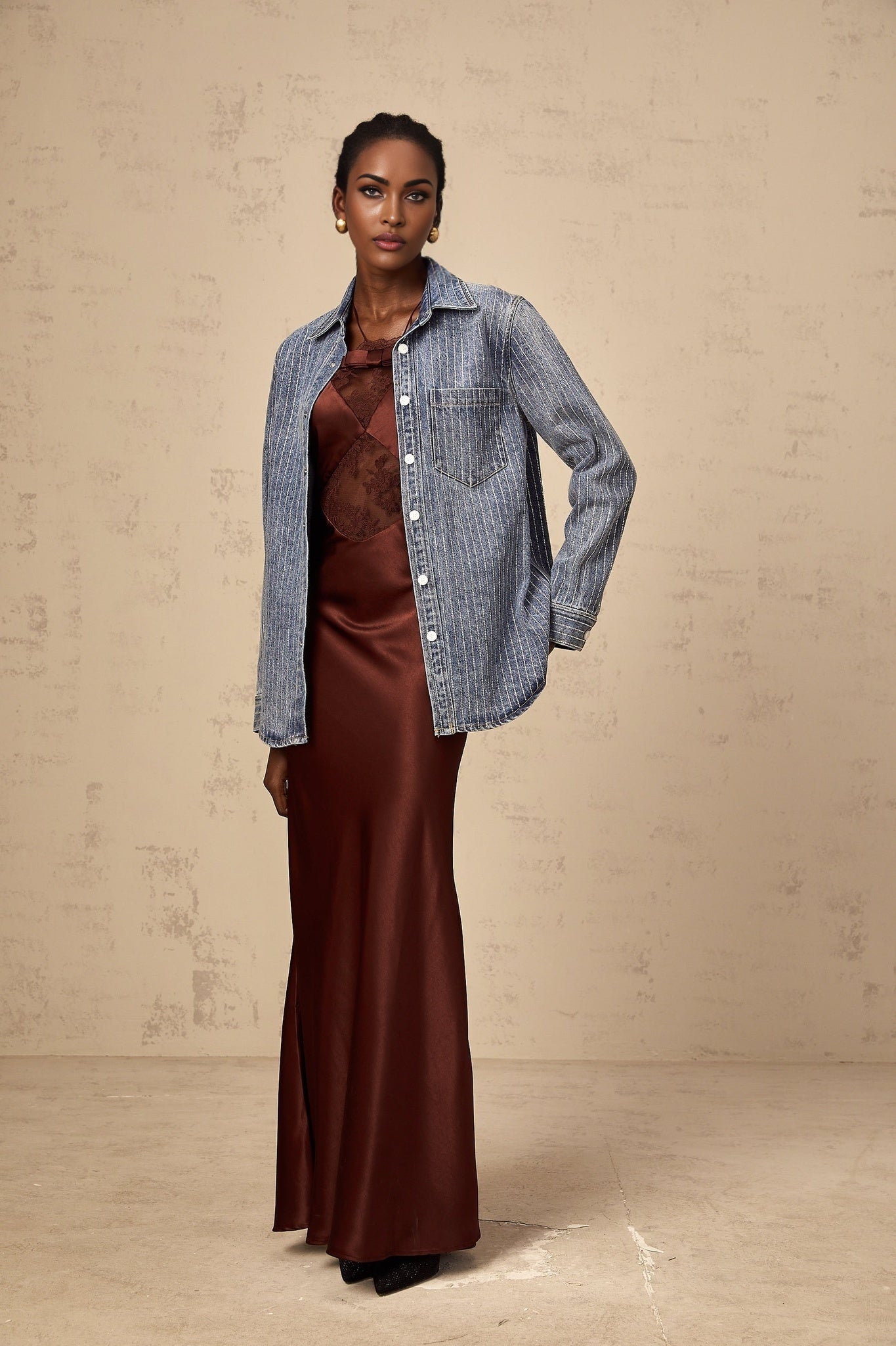 Denim shirt with vertical blue stripes and embellishments named Josephine