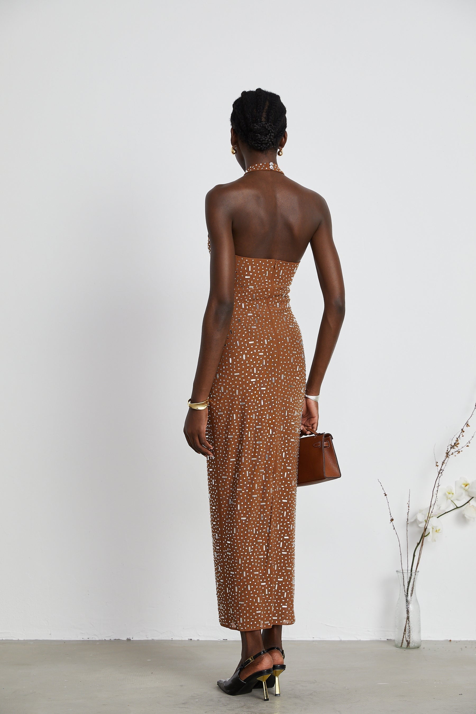 Désirée brown embellished halter neck bodycon maxi dress