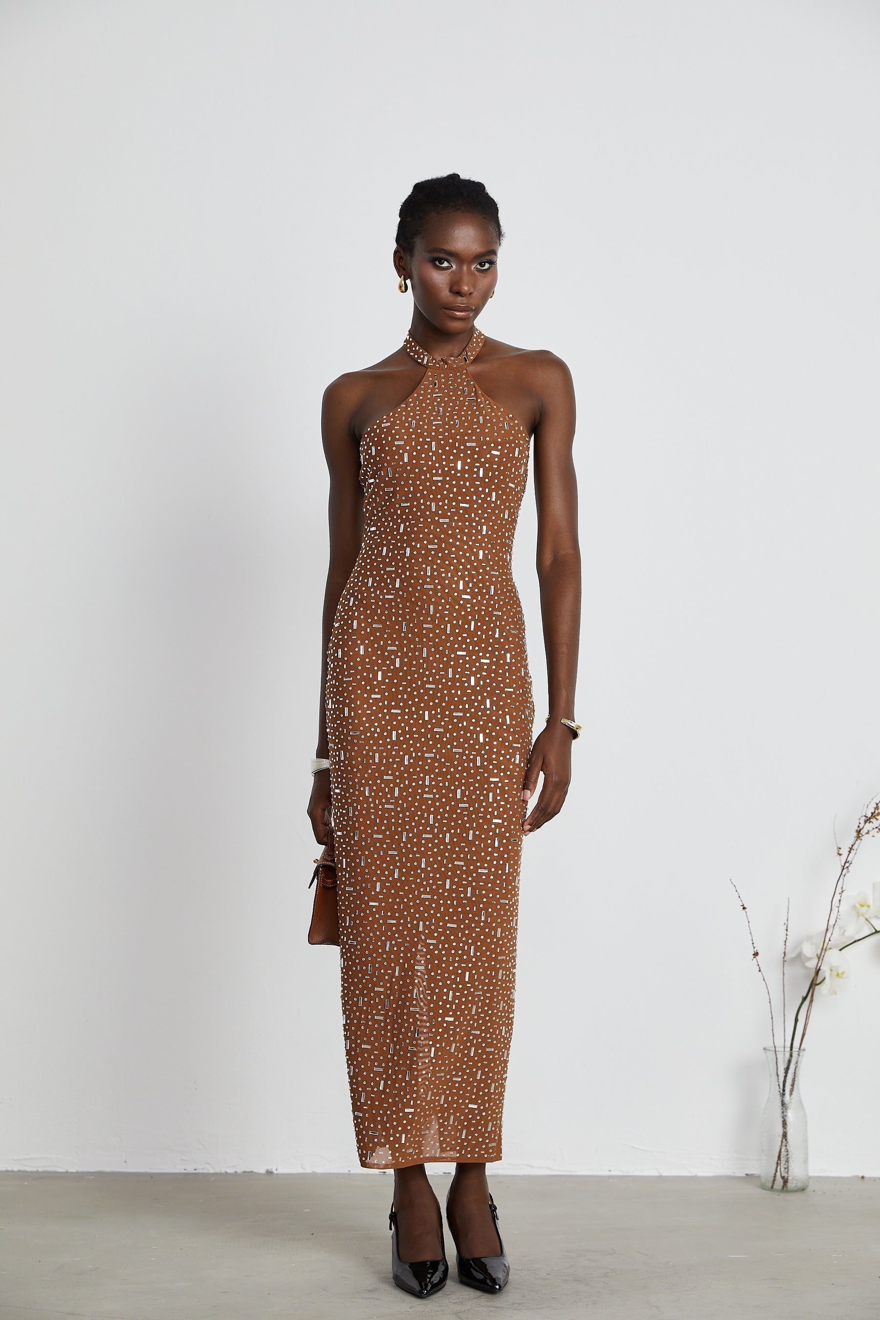 Désirée brown embellished halter neck bodycon maxi dress