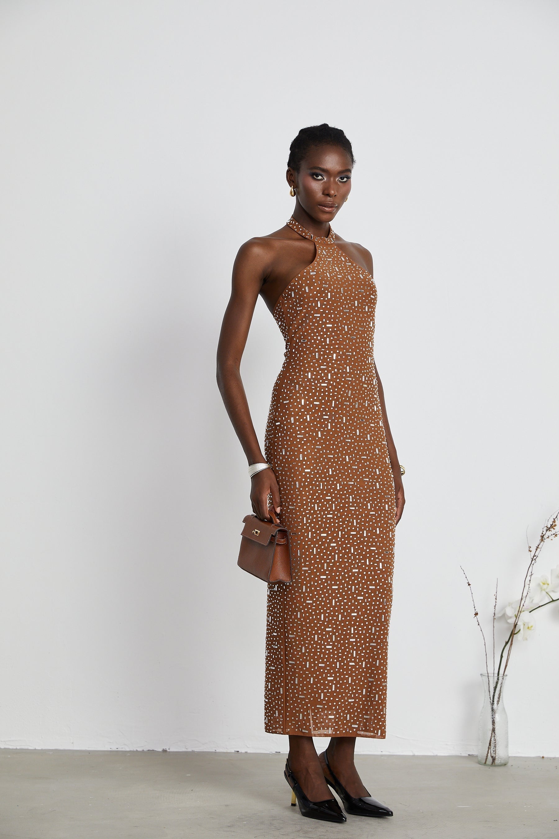 Désirée brown embellished halter neck bodycon maxi dress