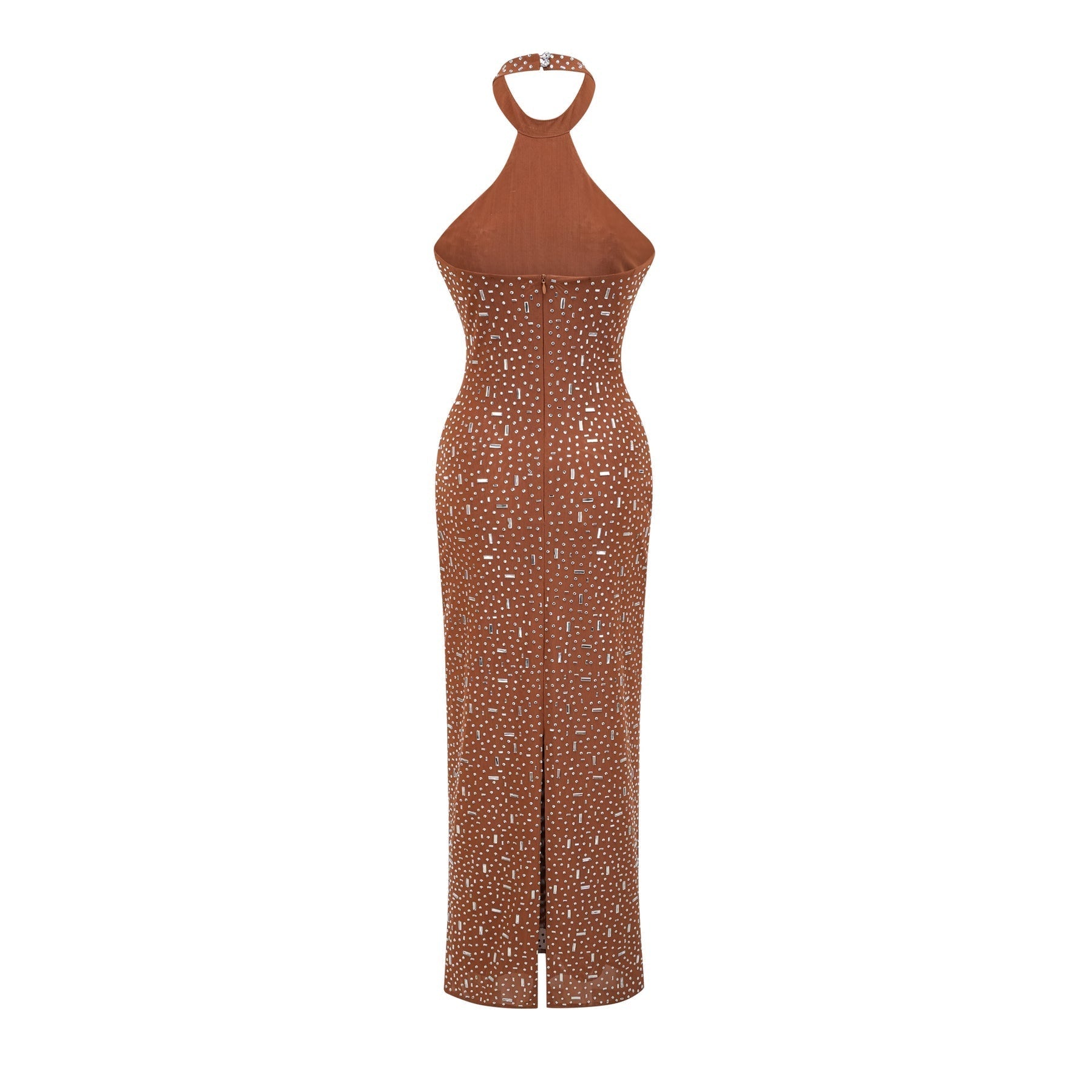 Désirée brown embellished halter neck bodycon maxi dress