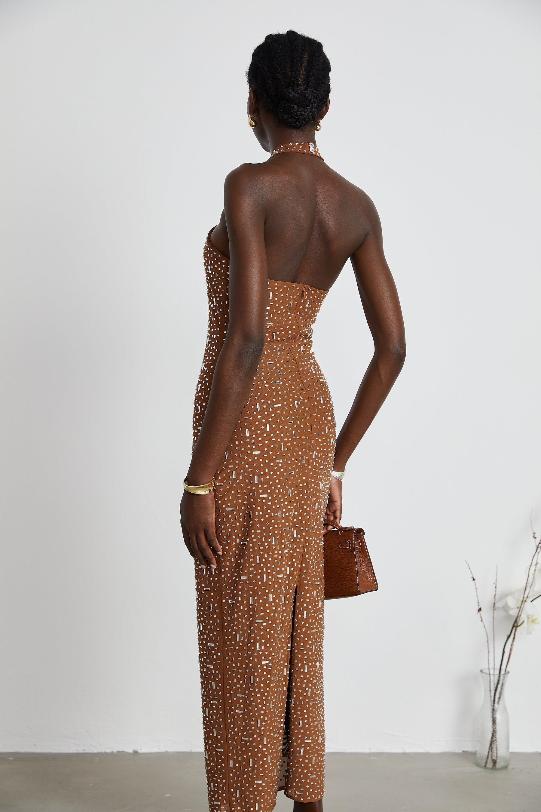 Désirée brown embellished halter neck bodycon maxi dress