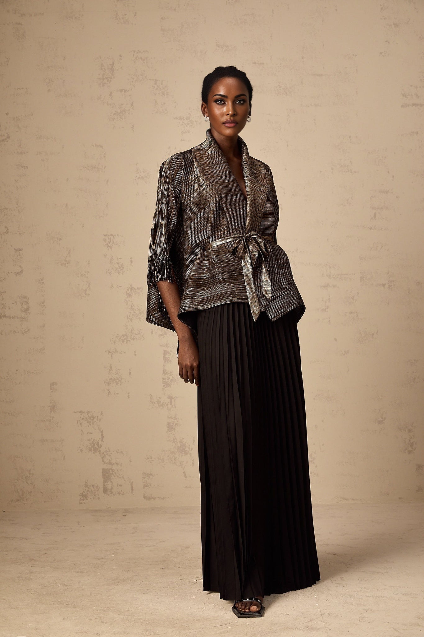 Dextard black gilded creased top skirt matching set