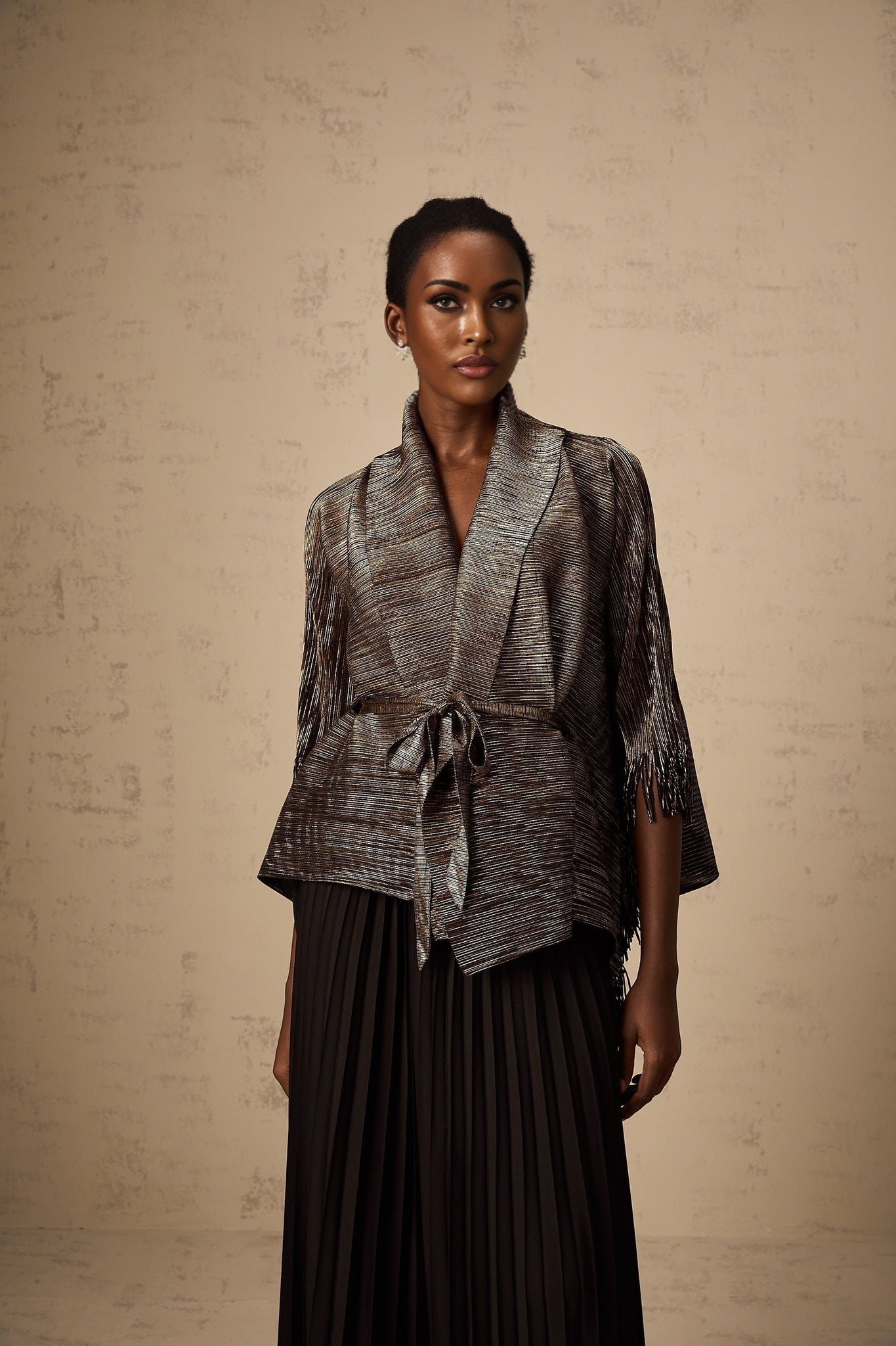 Dextard black gilded creased top skirt matching set