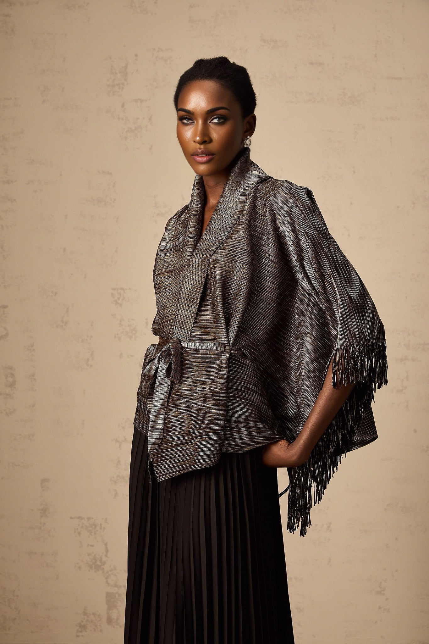 Dextard black gilded creased top skirt matching set