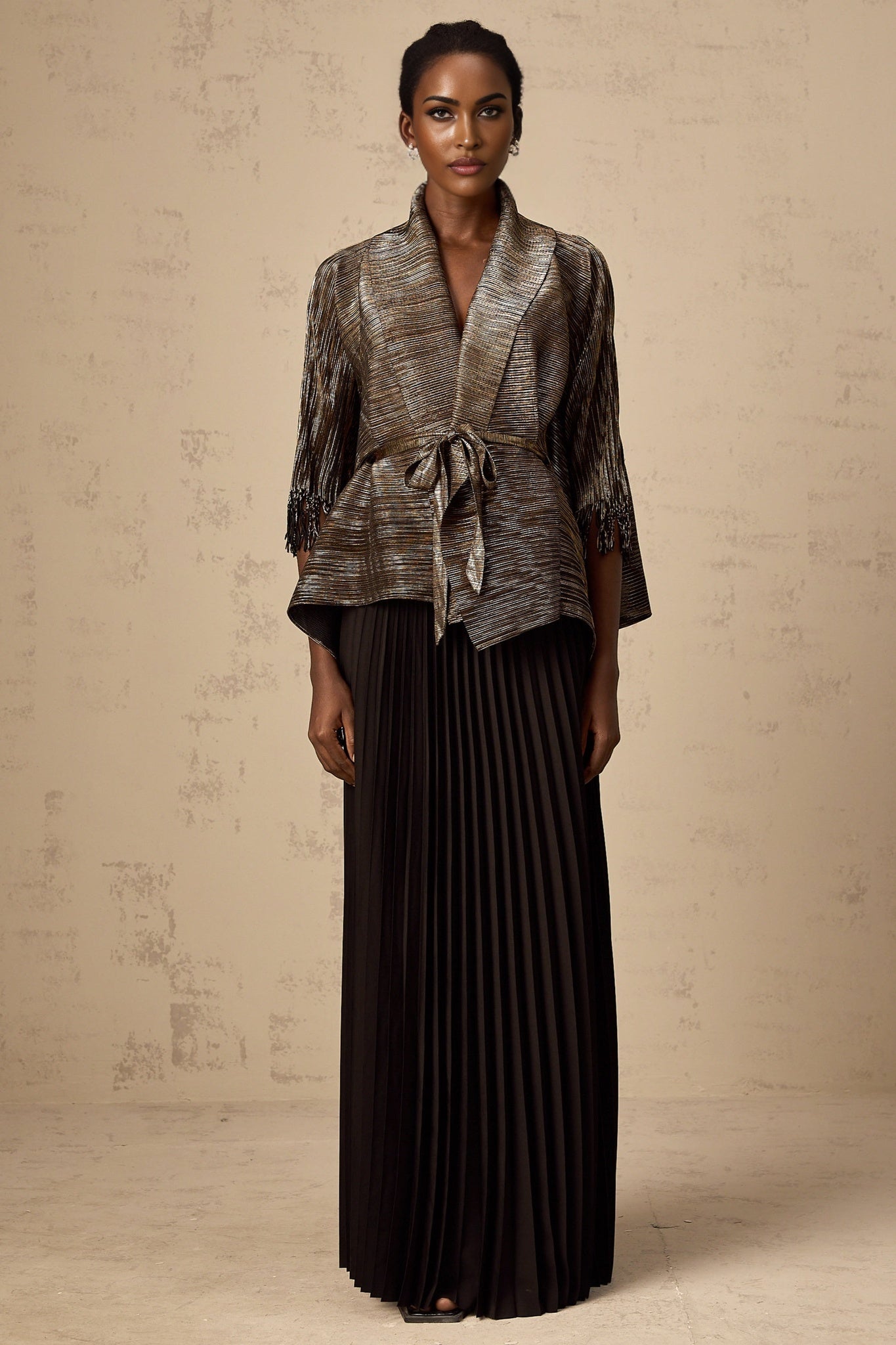 Dextard black gilded creased top skirt matching set
