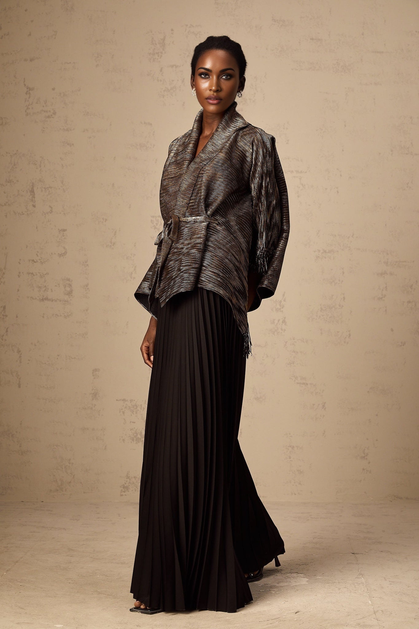 Dextard black gilded creased top skirt matching set