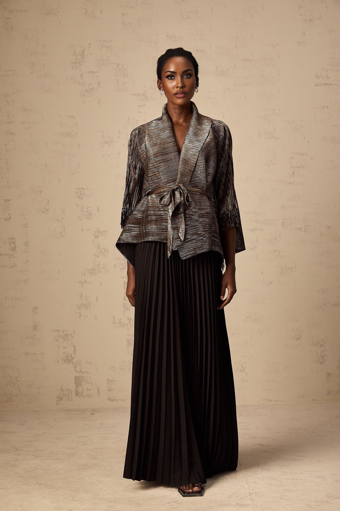 Dextard black gilded creased top skirt matching set