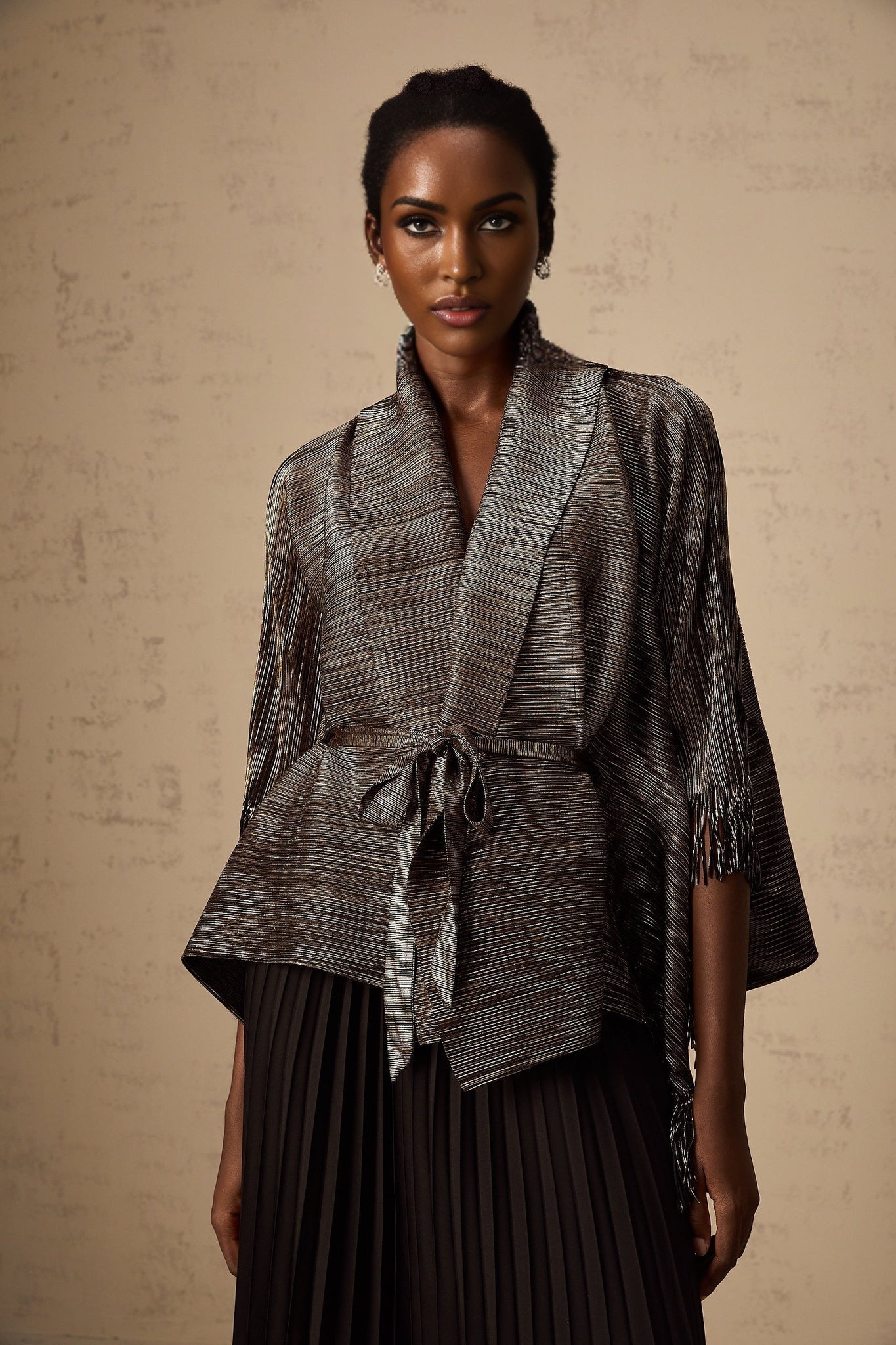 Dextard black gilded creased top skirt matching set
