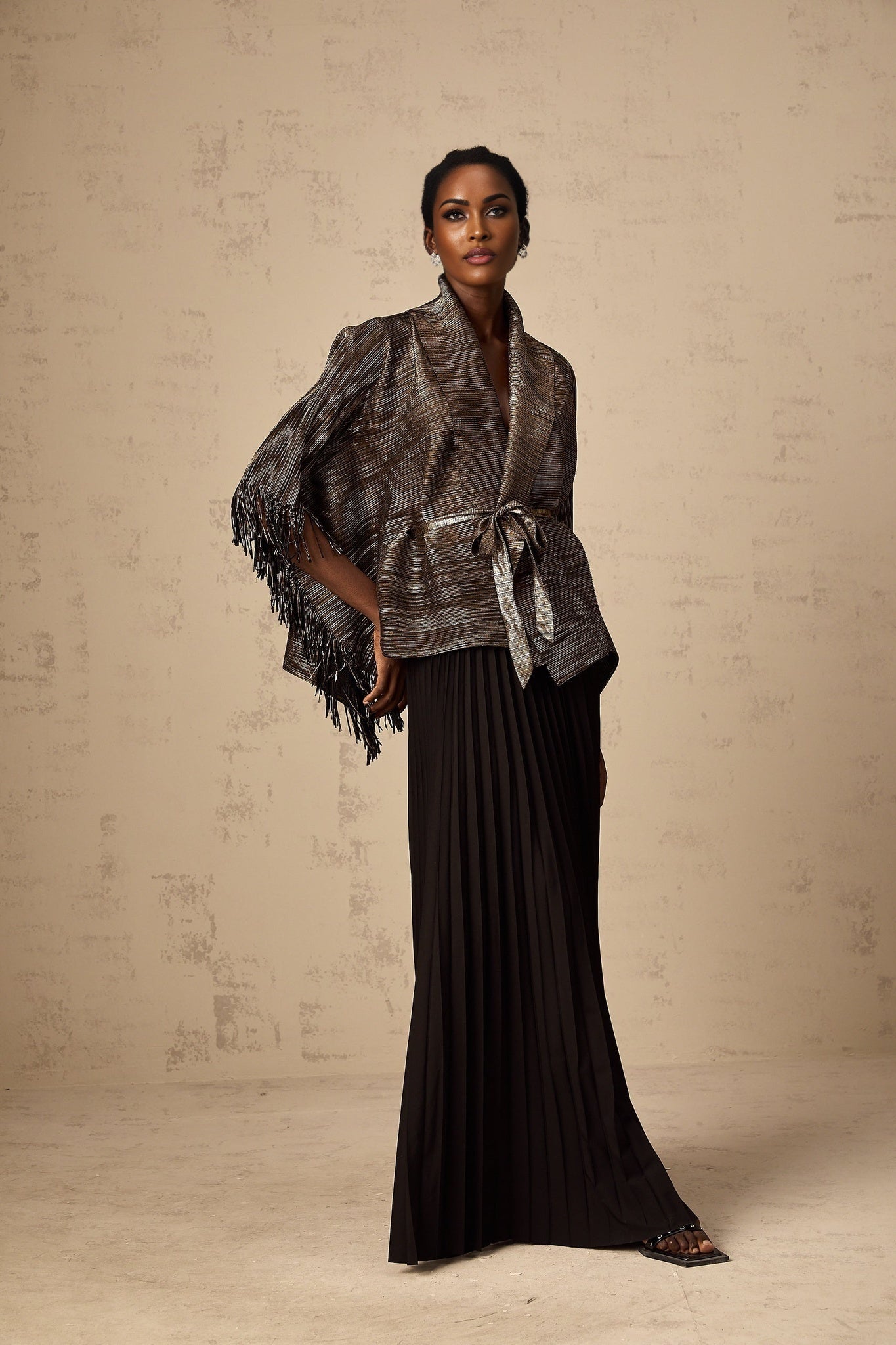 Dextard black gilded creased top skirt matching set