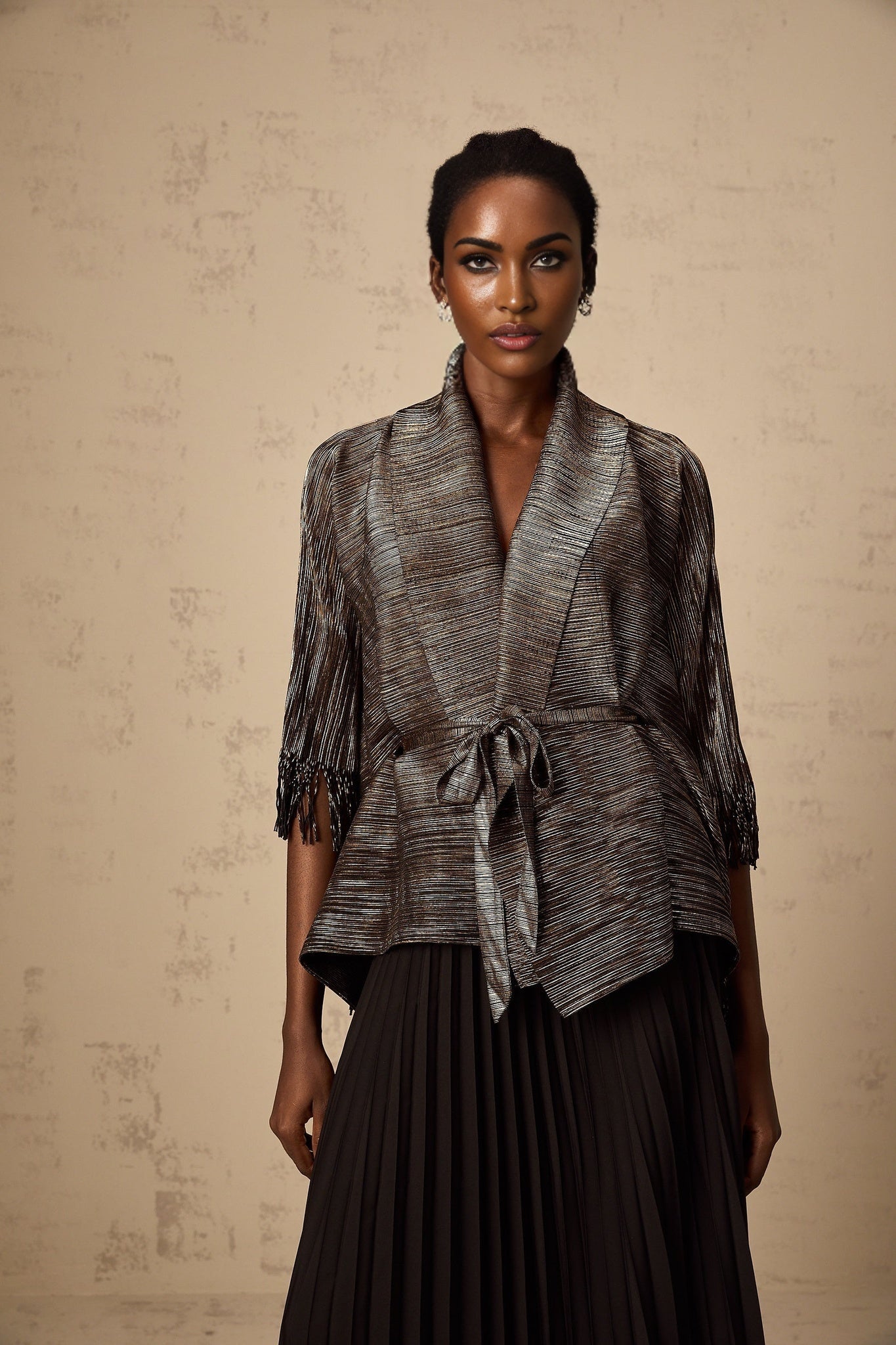 Dextard black gilded creased top skirt matching set
