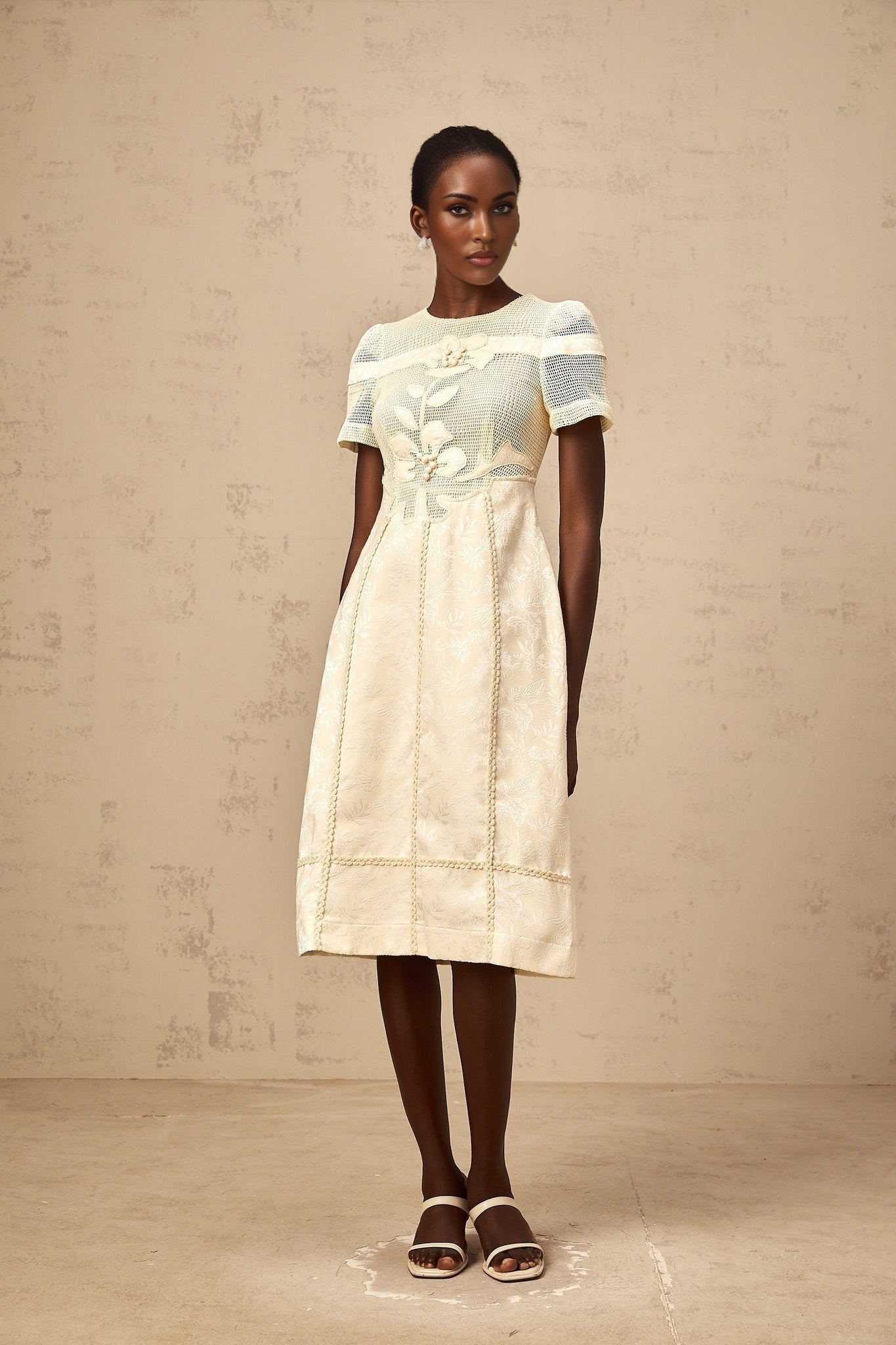 Diane floral embroidered openwork midi dress in white fabric with colorful floral embroidery and lace details