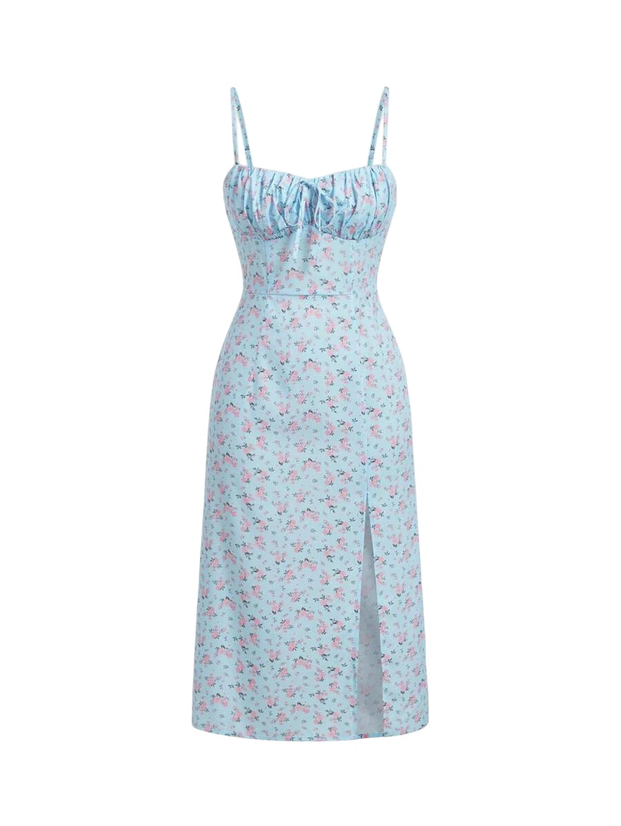 Ditsy Floral Print Pink Floral Pattern On Blue Background Ruched Bust Split Thigh Spring Cami Dress