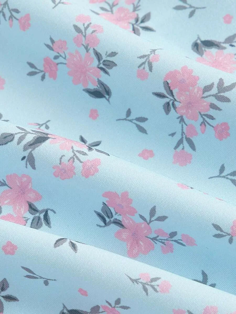 Ditsy Floral Print Pink Floral Pattern On Blue Background Ruched Bust Split Thigh Spring Cami Dress
