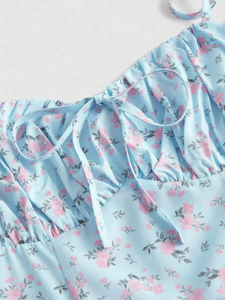 Ditsy Floral Print Pink Floral Pattern On Blue Background Ruched Bust Split Thigh Spring Cami Dress