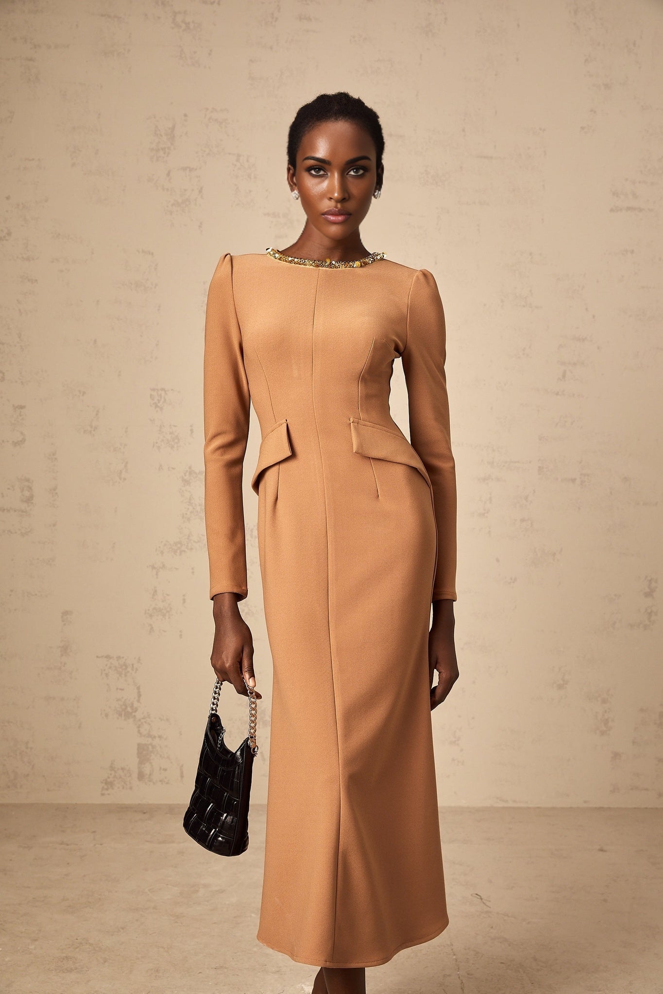 Doriane khaki sequinembellished midi dress